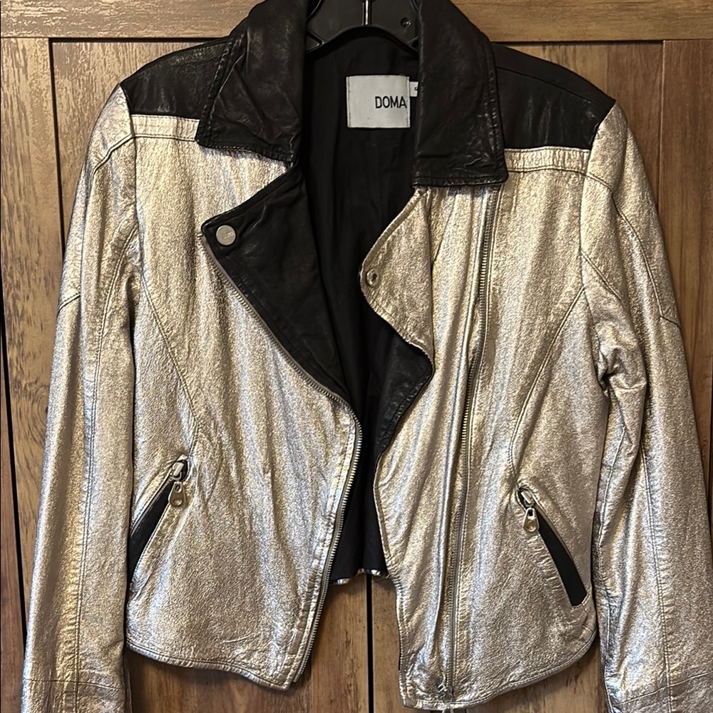 Doma Silver and Black Leather Moto Jacket
